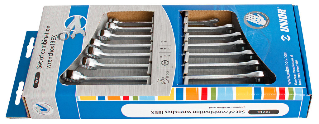 Ključi viličasto obročni ibex v kartonu UNIOR 129/1CS, 8-19mm/8kos