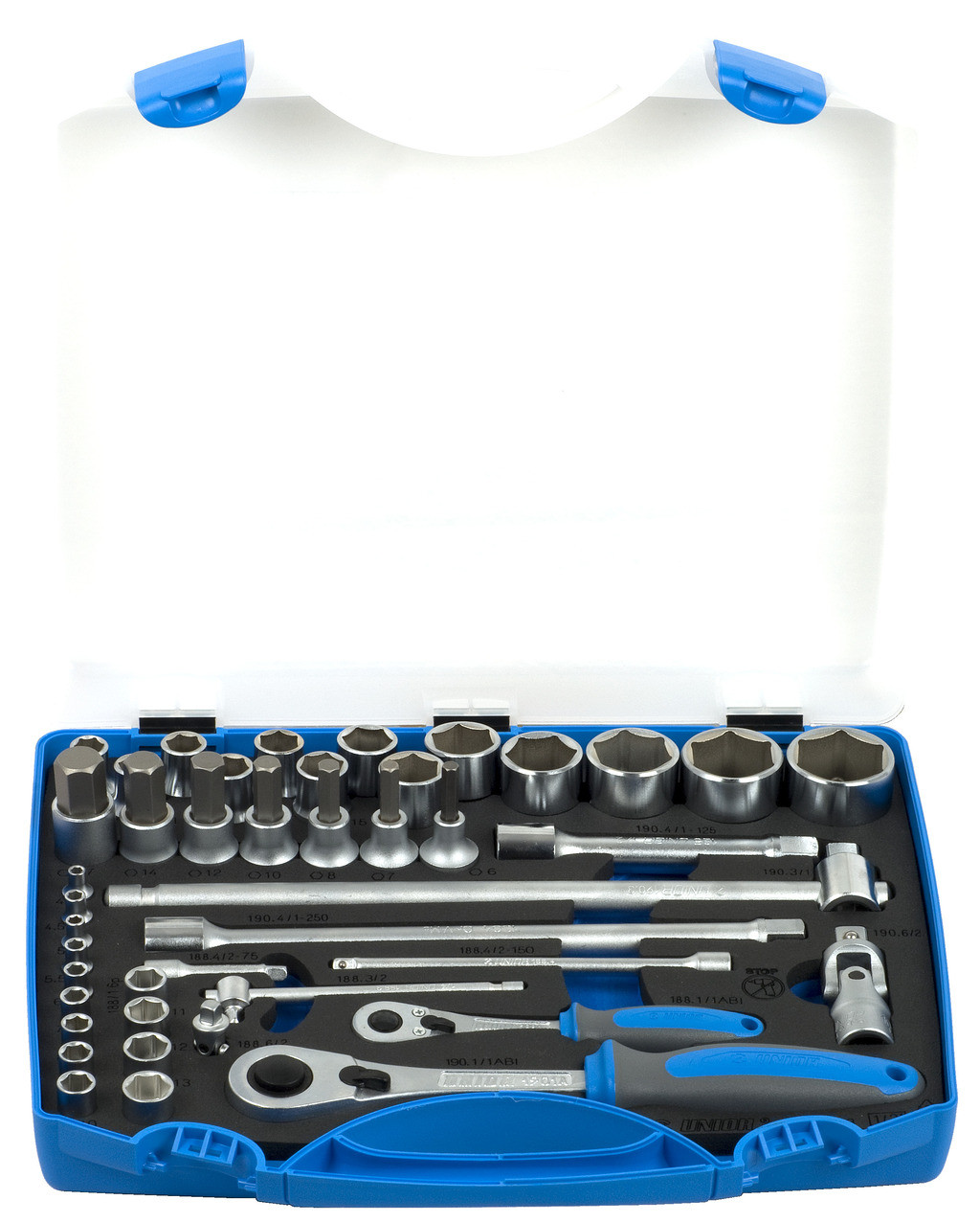 Ključi nasadni 1/2" in 1/4" v pvc kaseti UNIOR 190BI6P43, 10-32mm/43kos