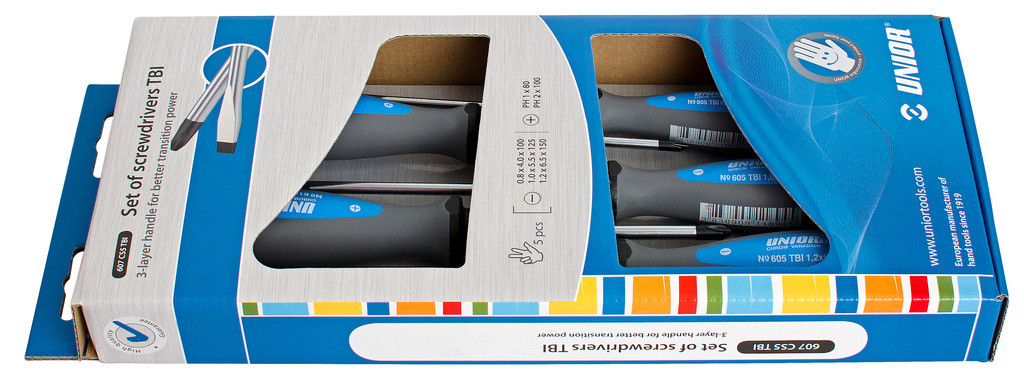 Izvijači ploščati križni tbi v kartonu UNIOR 607CS5TBI, 3x PL/2x PH/5kos
