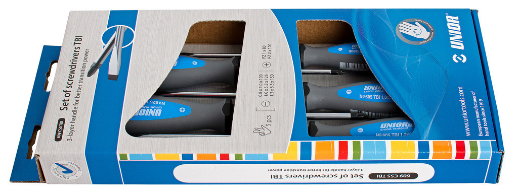 Izvijači ploščati križni tbi v kartonu UNIOR 607CS5TBI, 3x PL/2x PZ/5kos