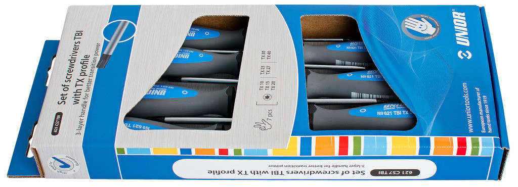 Izvijači torx tbi v kartonu UNIOR 621CS7TBI, TX 10-TX 40/7kos