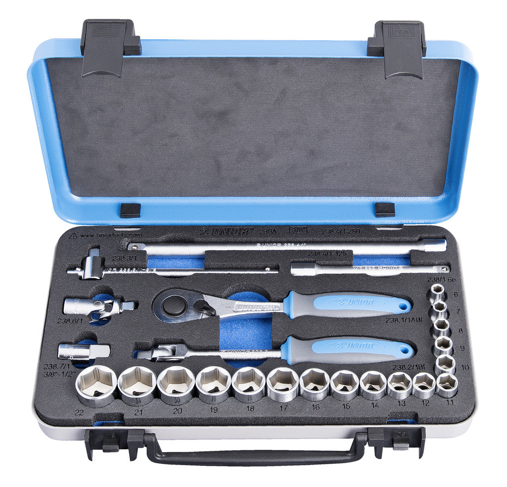 Ključi nasadni 3/8" v kovinski kaseti UNIOR 239A, 6-22mm/24kos