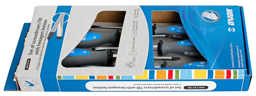 Izvijači ploščato križni tbi v kartonu UNIOR 600CS5TBI, 6 kotni nastavek, 3x PL/2x PH/5kos