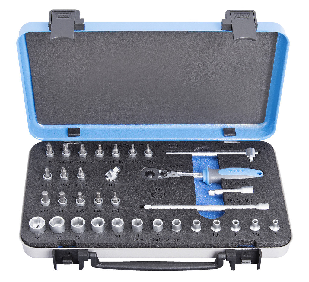 Ključi nasadni 1/4" v kovinski kaseti UNIOR 188C, 4-14mm/33kos