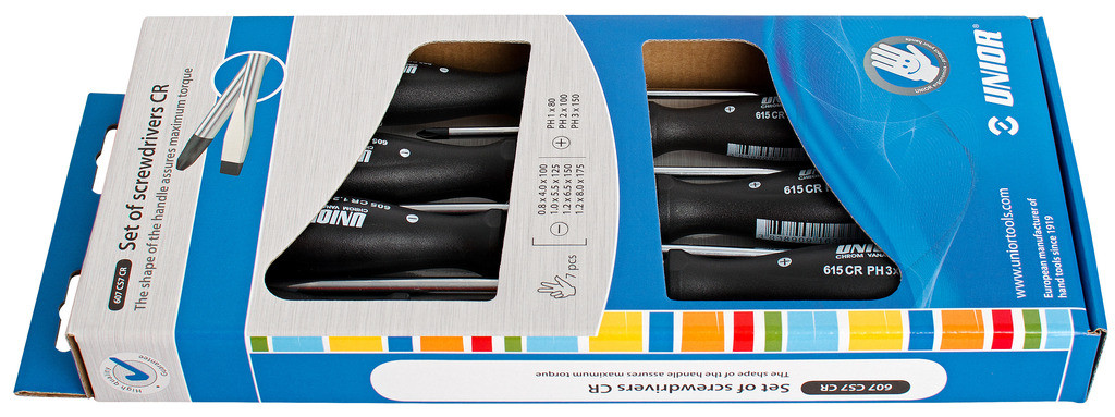 Izvijači ploščato križni cr v kartonu UNIOR 607B5CR, 4x PL/3x PZ/7kos