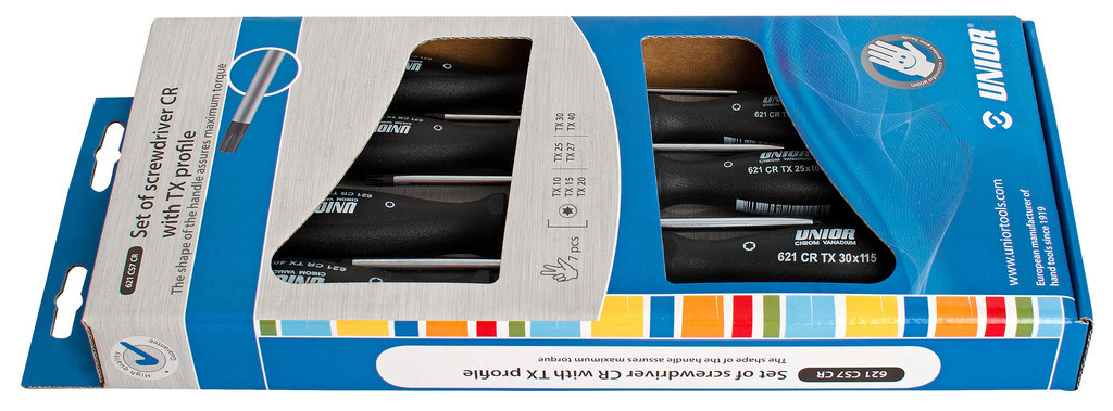 Izvijači torx cr v kartonu UNIOR 621CS7CR, TX 10-TX 40/7kos