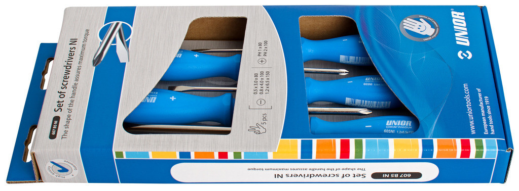 Izvijači ploščato križni ni v kartonu UNIOR 607B5NI, 3x PL/2x PH/5kos