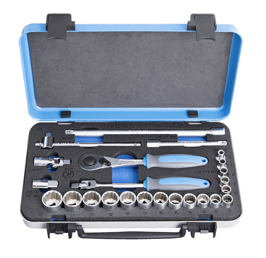 Ključi nasadni 3/8" v kovinski kaseti UNIOR 239A12P24, 6-22mm/24kos