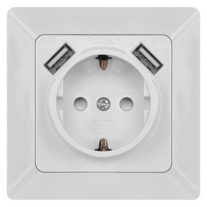 Vtičnica z USB 2,1A max., schuko, bela