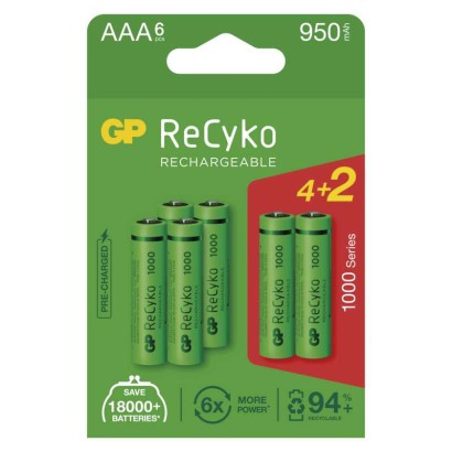 Polnilna baterija GP ReCyko 1000 mAh HR03 (AAA) 6kos