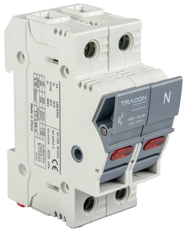 Varovalčno ločilno stikalo za cilindrične varovalke 32A, 10x38mm, Un=400V/690V, 1P+N right, LED