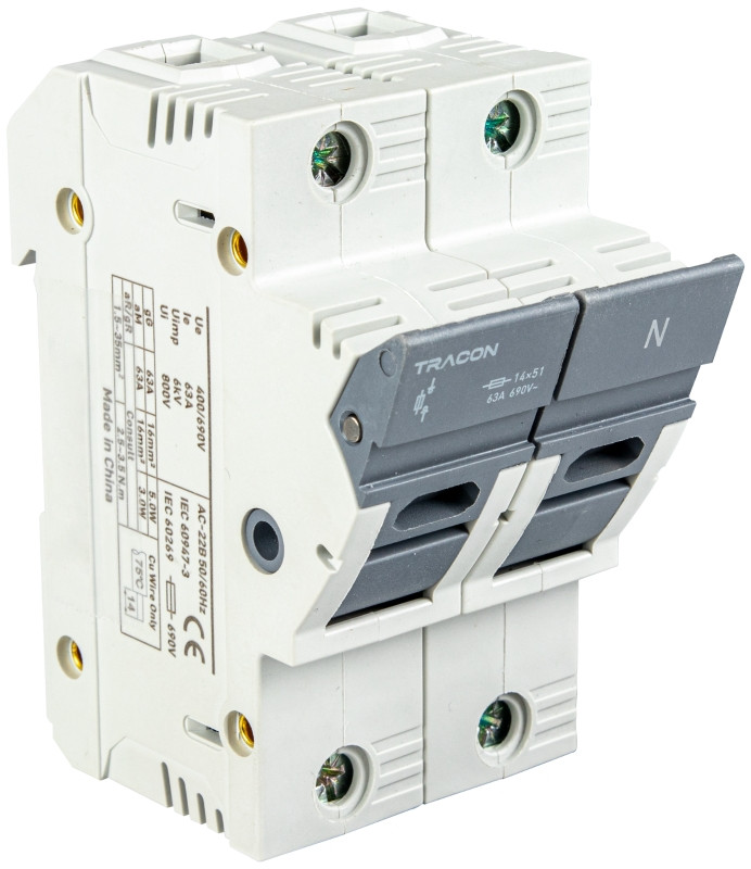 Varovalčno ločilno stikalo za cilindrične varovalke 50A, 14x51mm, Un=400V/690V, 1P+N right, LED