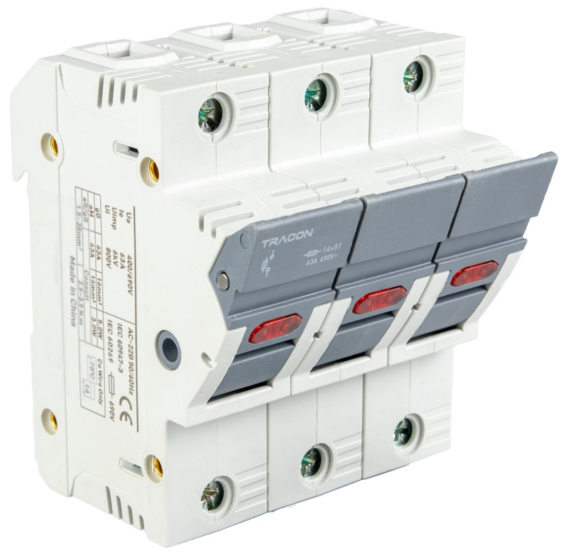 Varovalčno ločilno stikalo za cilindrične varovalke 50A, 14x51mm, Un=400V/690V, AC22B, 3P, LED