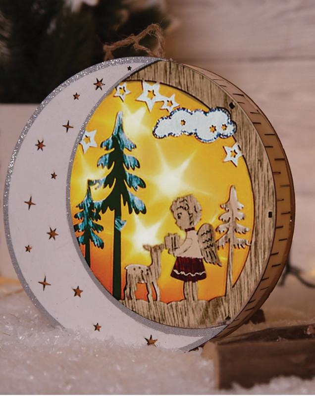 Božična LED luna+angelček, lesena, na baterije Timer 6+18h, 6LED, 3000K, 2xAAA