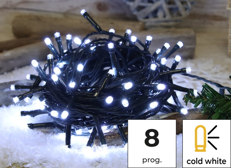 Božična svetlobna LED veriga,programljiva, zunanja/notranja 230VAC, 2+10M, 100LED, 3,6W, 12000-13000K, IP44