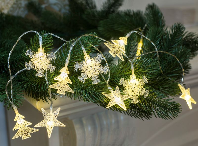 Božična LED veriga, snežinke, drevo, zvezda, na baterije Timer 6+18h, 10LED, 3000K, 2xAA