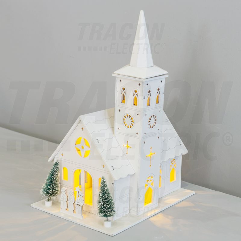 Božična LED cerkev, lesena, bela, na baterije Timer 6+18h,4LED, 3000K, 3xAA