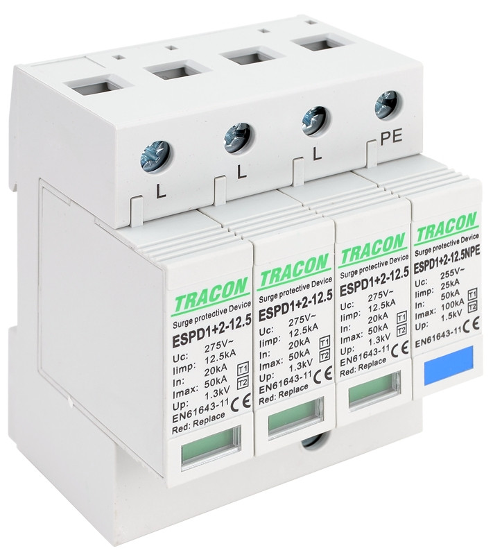 AC prenapet. odvodnik tipa T1+T2, zamenljiv zaščit. element Uc:275V; Iimp:12,5kA; In:20/40kA; Imax:50kA; Up:1,3kV; 3+1P