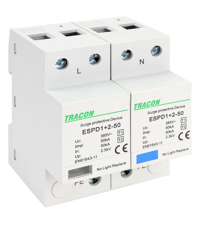 AC prenapet. odvodnik tipa T1+T2, vgrajen zaščit. element Uc:385V; Iimp:50kA; In:50kA; Imax:160kA; Up:2,5kV; 2P