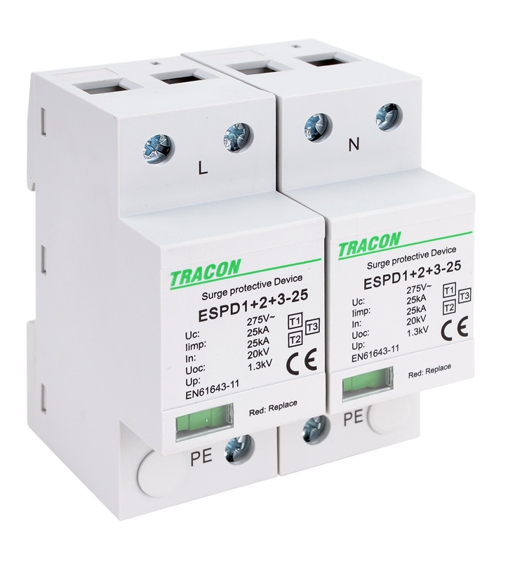 AC prenapet. odvodnik tipa T1+T2+T3, vgrajen zaščit. element Uc:275V; Iimp:25kA; In:25kA; Uoc:20kV; Up:1,3kV; 2P