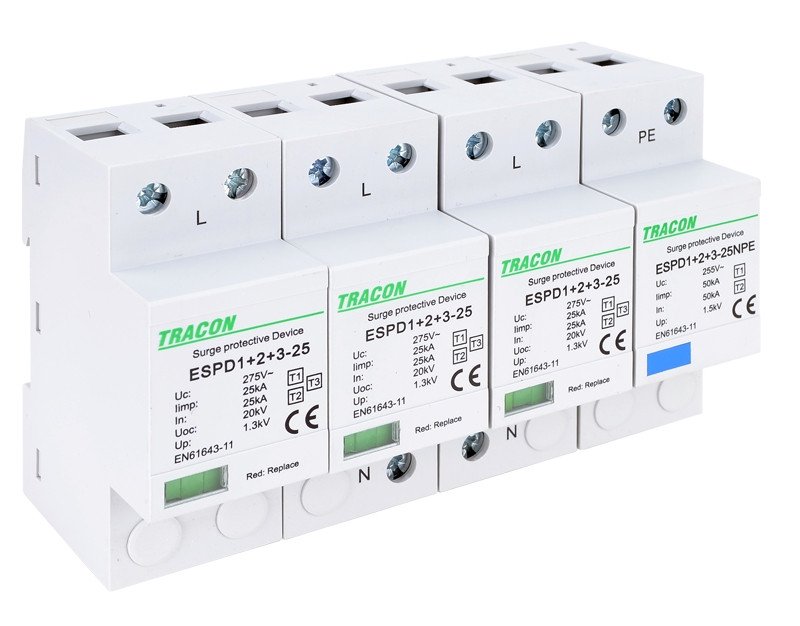 AC prenapet. odvodnik tipa T1+T2+T3, vgrajen zaščit. element Uc:275V; Iimp:25/100kA; In:25/100kA; Uoc:20kV; Up:1,3kV; 1+3