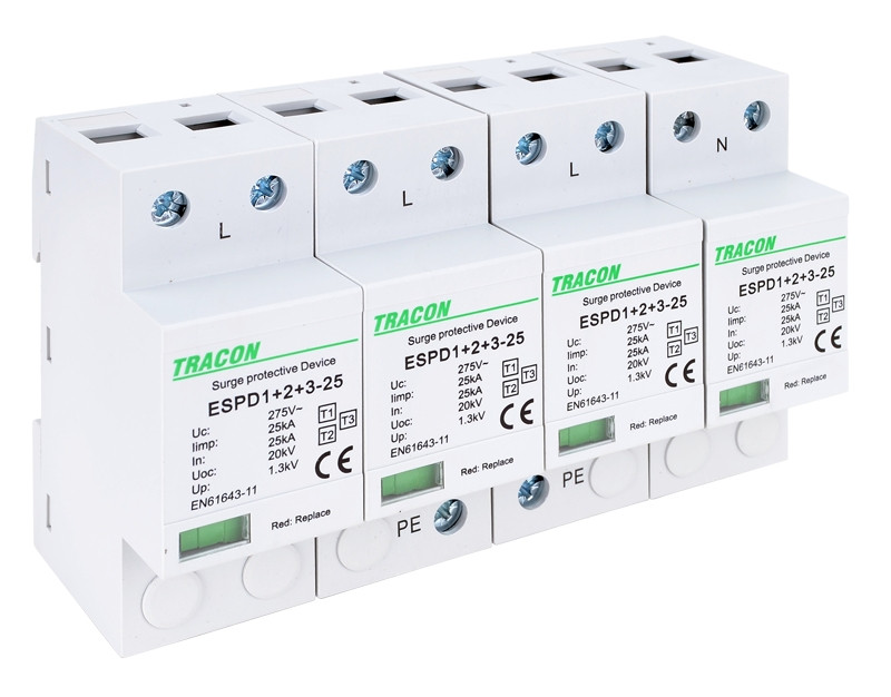 AC prenapet. odvodnik tipa T1+T2+T3, vgrajen zaščit. element Uc:275V; Iimp:25kA; In:25kA; Uoc:20kV; Up:1,3kV; 4P