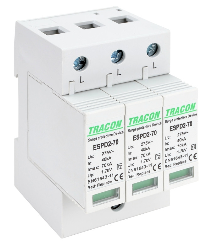AC prenapet. odvodnik tipa T2, zamenljiv zaščit. element Uc:275V; In:40kA; Imax:70kA; Up:1,7kV; 3P