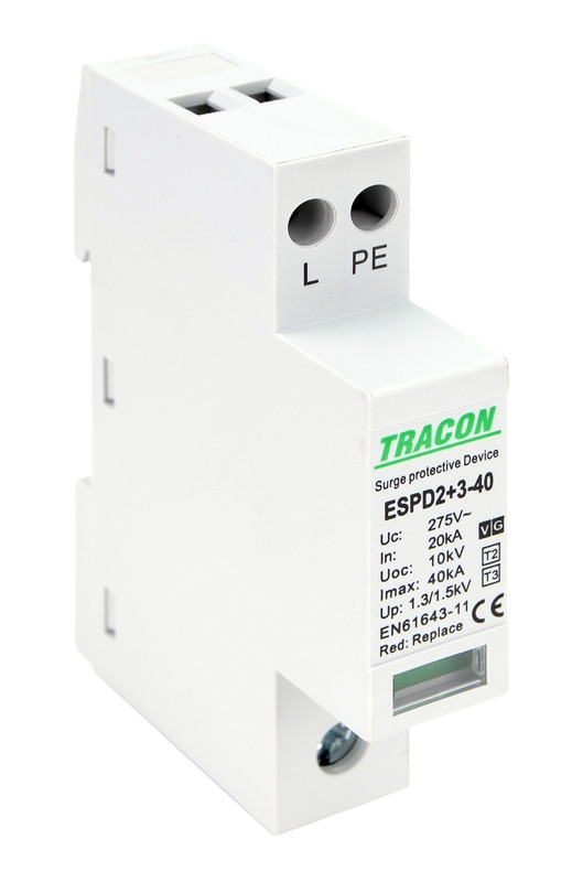 AC prenapet. odvodnik tipa T1+T2, vgrajen zaščit. element Uc:275V; In:20kA; Imax40kA; Uoc:10kV; Up:1,3/1,5kV; 1+1P