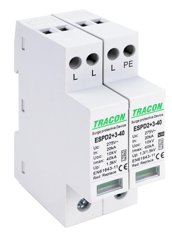 AC prenapet. odvodnik tipa T2+T3, vgrajen zaščit. element Uc:275V; In:20kA; Imax40kA; Uoc:10kV; Up:1,3/1,5kV; 3+1P