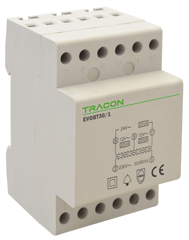 Varnostni transformator-vrstni signalni zvonec 230V/12-12-24V AC, Psmax.:30VA, Is:1,55A
