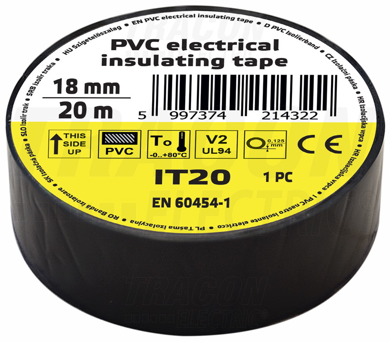 Izolirni trak, črni 20m×18mm, PVC, 0-80°C, 5.5kV/mm