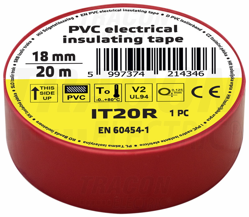 Izolirni trak, rdeči 20m×18mm, PVC, 0-80°C, 5.5kV/mm