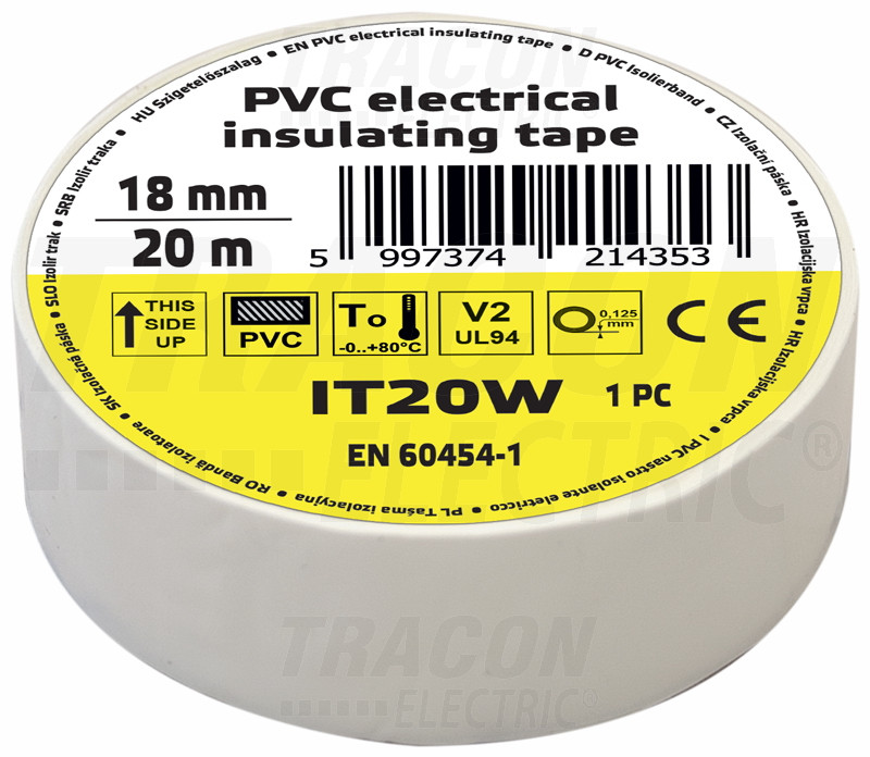 Izolirni trak, beli 20m×18mm, PVC, 0-80°C, 5.5kV/mm