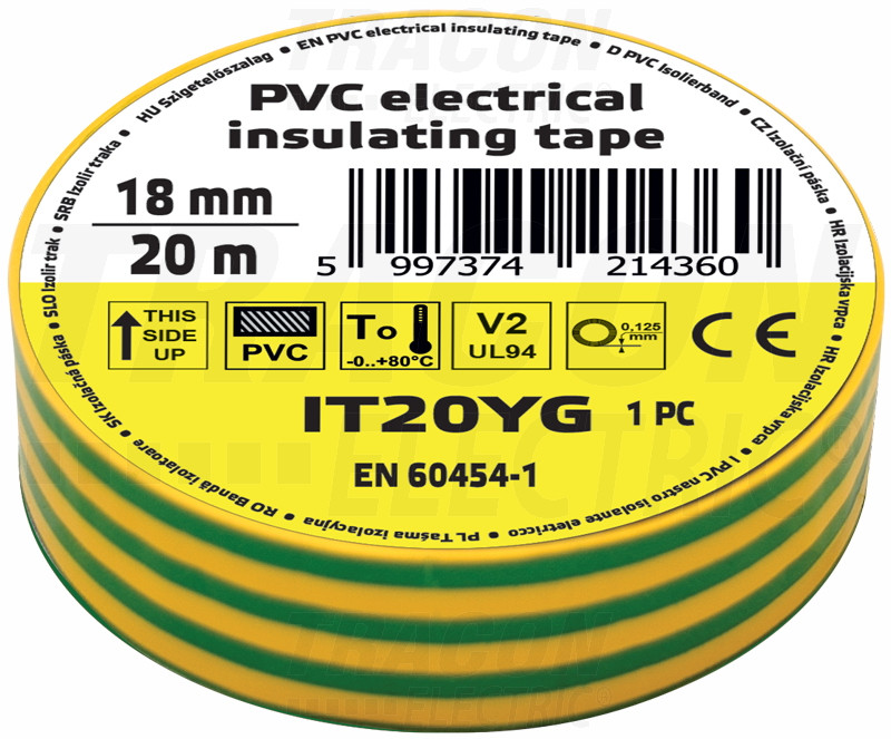 Izolirni trak, zeleno/rumeni 20m×18mm, PVC, 0-80°C, 5.5kV/mm