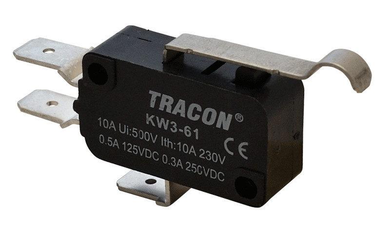 Pozicijsko stikalo, mikro, z upognj.vzmet.ročajem 10(3)A / 250V AC, 28mm, 6,3x0,8 mm, IP00
