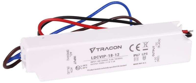 Zaščiteni LED gonilnik/napajalnik-ohišje iz umetne mase 180-264VAC/12 VDC,18W,0-1,5A, IP67