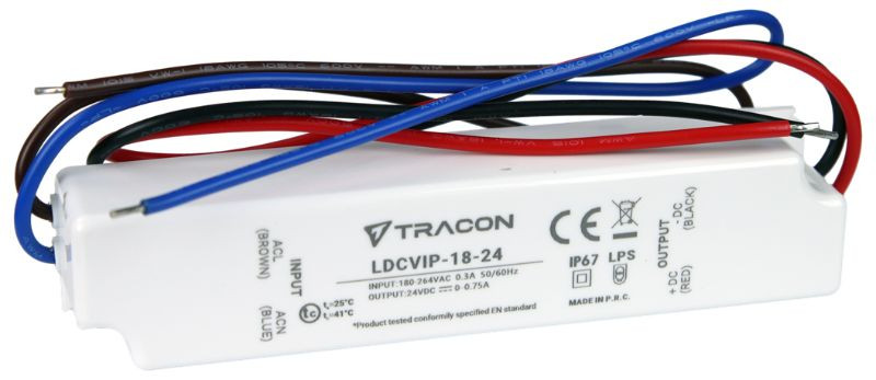 Zaščiteni LED gonilnik/napajalnik-ohišje iz umetne mase 180-264VAC/24VDC,18W,0-0,75A, IP67