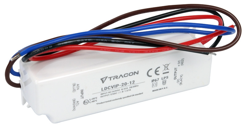 Zaščiteni LED gonilnik/napajalnik-ohišje iz umetne mase 90-264VAC/12VDC, 20W, 0-1,67A, IP67