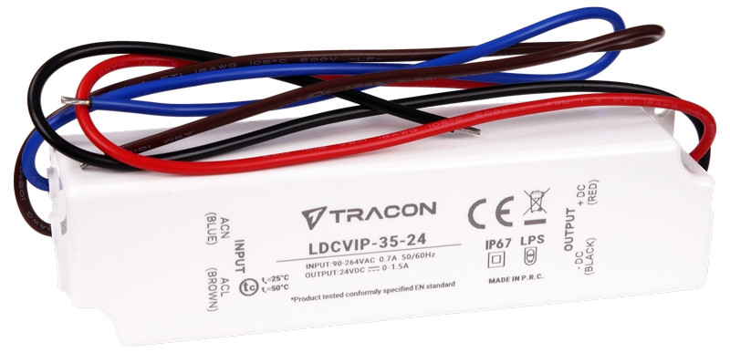 Zaščiteni LED gonilnik/napajalnik-ohišje iz umetne mase 90-264VAC/24VDC, 35W, 0-1,5A, IP67