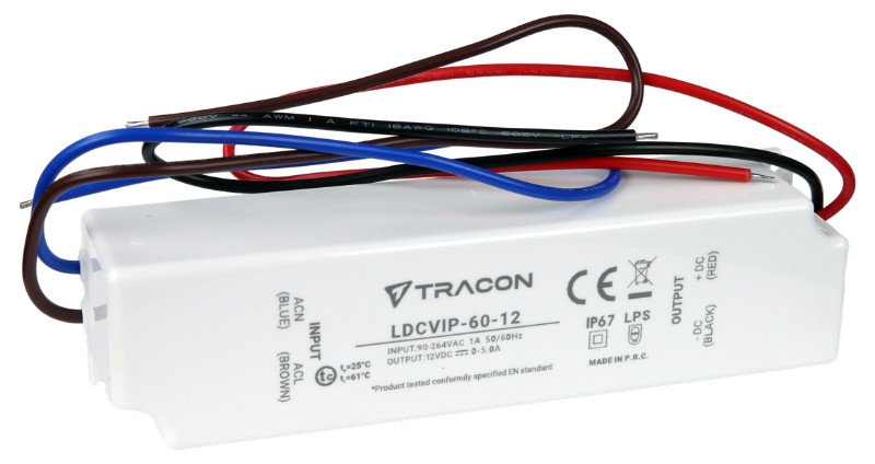 Zaščiteni LED gonilnik/napajalnik-ohišje iz umetne mase 90-264VAC/12VDC, 60W, 0-5A, IP67