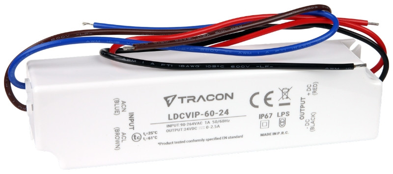 Zaščiteni LED gonilnik/napajalnik-ohišje iz umetne mase 90-264VAC/24VDC, 60W, 0-2,5A, IP67