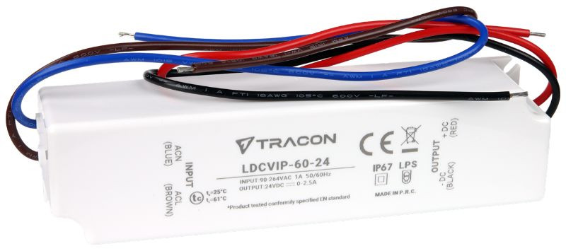 Zaščiteni LED gonilnik/napajalnik-ohišje iz umetne mase 90-264VAC/24VDC,60W,0-2,5A, IP67