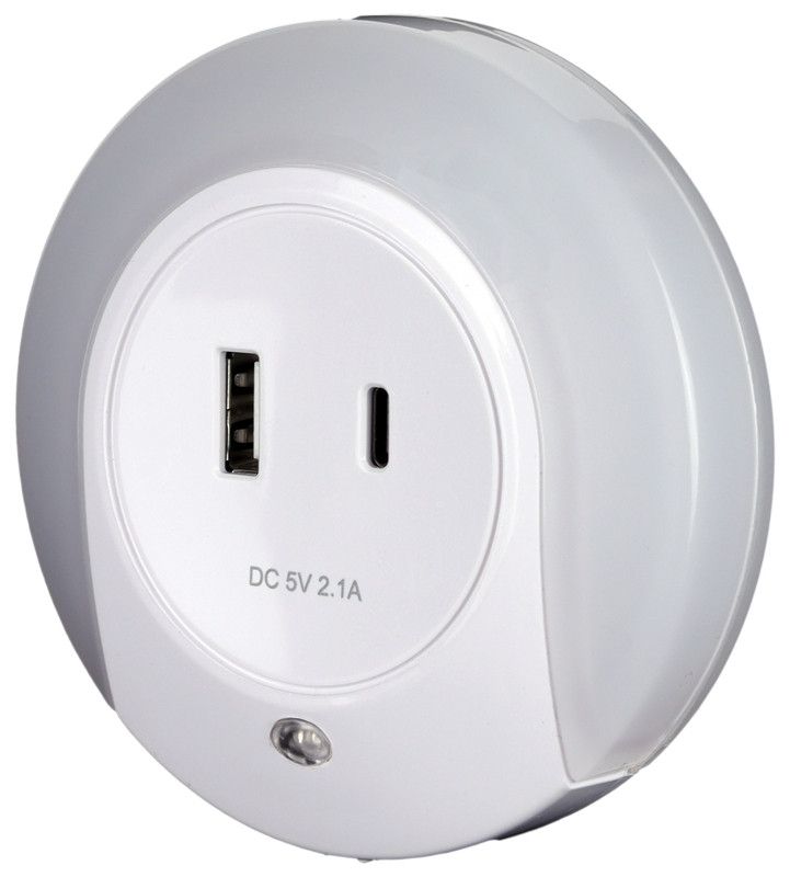 Nočna svetilka+USB izhod 230VAC, 50Hz, 0,4W, 15lm, CDS, 1xUSB, 1xUSB-C