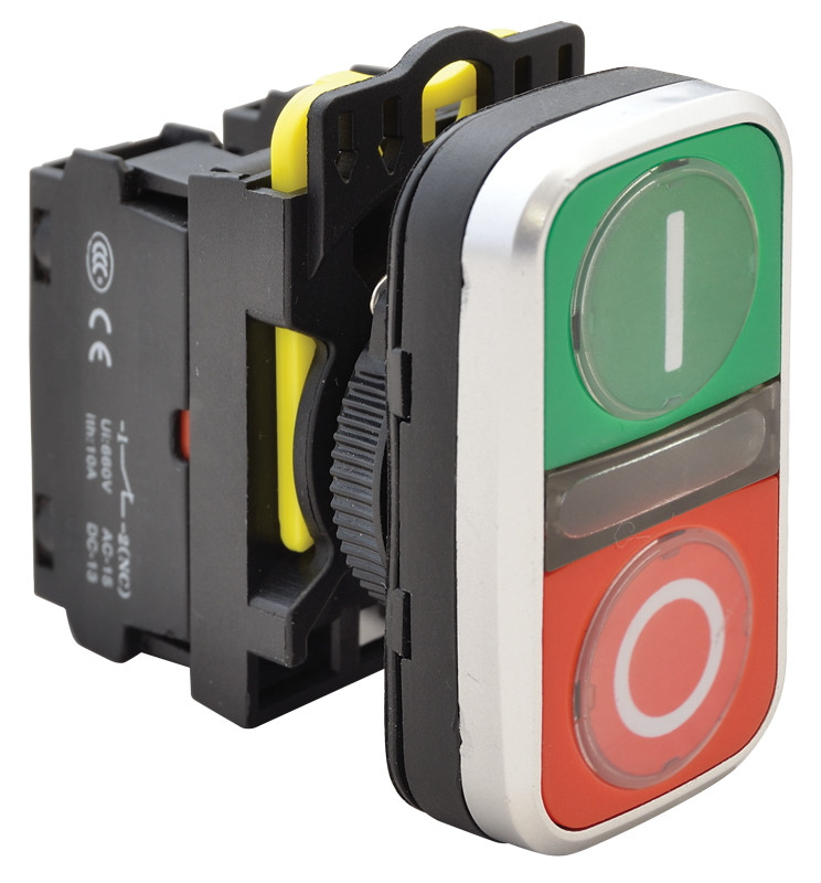 Svetleče dvojno tipkalo I-O, zeleno+rdeče 1×NO+1×NC, 5A/230V AC-15, IP40, LED 230V AC/DC