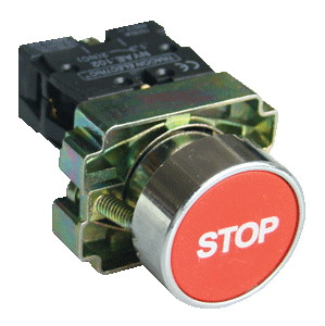 Označena izbočena tipka, rdeča (STOP), 1×NC, 3A/240V AC, IP42