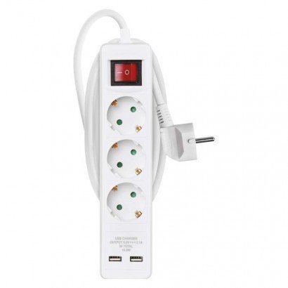 Podaljšek 2 m / 3 vtičnice / s stikalom / beli / PVC / z USB / 1,5 mm2