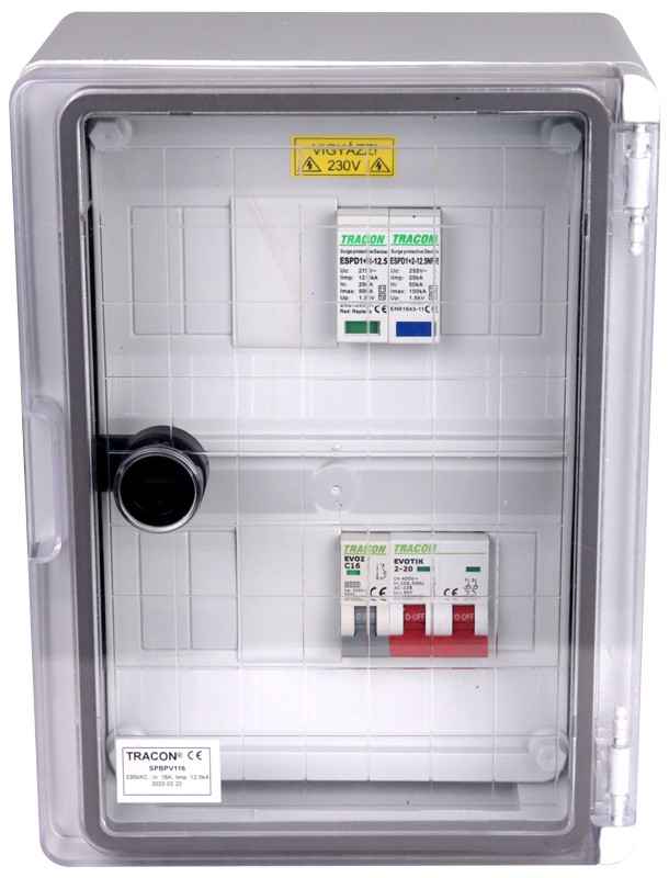 Prenapetostna zaščitna omarica za fotovoltaične sisteme 280×210×130mm,IP65,IK10,AC1+2, 230V, In:16A, Iimp:12.5kA