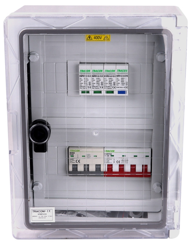 Prenapetostna zaščitna omarica za fotovoltaične sisteme 330×250×130mm,IP65,IK10,AC1+2, 400V, In:10A, Iimp:12.5kA