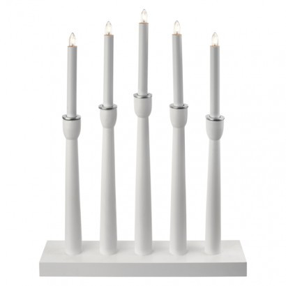 LED dekoracija - svečnik lesen, 5× E10, 36×48 cm, bel