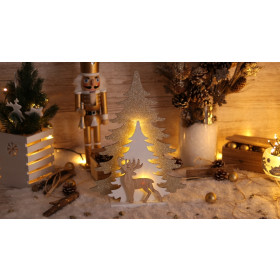 Božična LED smreka, jelen, zlata, na baterije Timer 6+18h, 10LED, 3000K, 2xAA